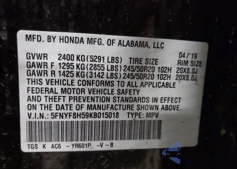 2019 Honda Passport Ex-L z USA, uszkodzony, nr VIN 5FNYF8H59KB015018